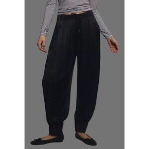 NEW Anthropologie Silky Barrel Pants Cuffed Ankle High-Rise Black Drawstring Tie